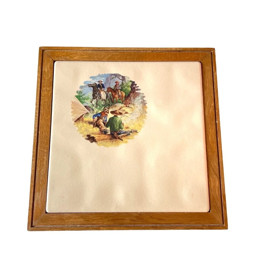 Vintage MCM Made In Italy Cowboy-Themed Ceramic Tile Wall Art With Wood Frame